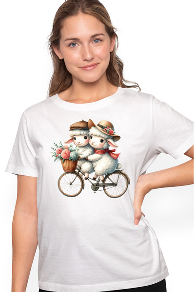 StoryGift Romania Tricou Femei Cu 2 Oite Care Se Plimba Cu Bicicleta, Ilustra...