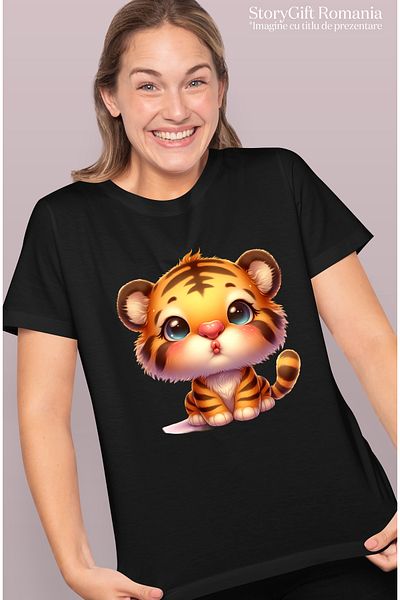 StoryGift Romania Women's T-shirt with a tiger cub giving a kiss, illustration, appreciation, care, BLK_M