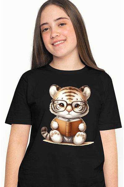 StoryGift Romania Women's T-shirt with a little tiger holding a book, illustration, glasses, reading BLK_L,STG53348
