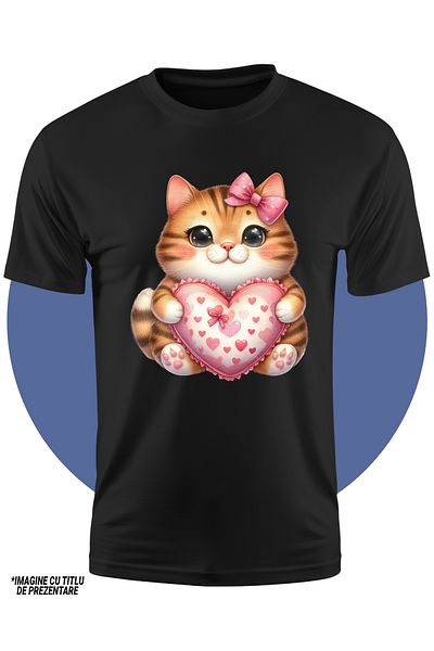 StoryGift Romania Children's T-shirt with a kitten with orange fur, black stripes, illustration, holding a heart