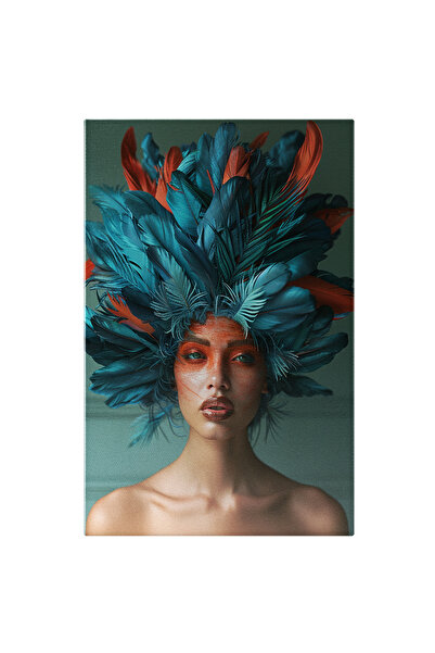 StoryGift Romania Tablou Canvas Feminitatea Pictată A Femei Cu Pene Pe Cap Ex...