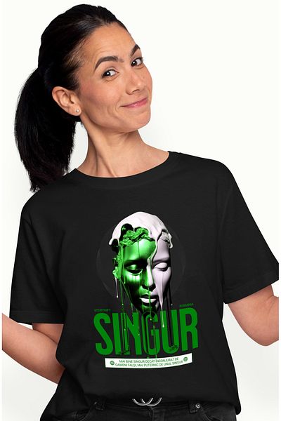 StoryGift Romania Tricou Femei Chip Uman Curgator Text Singur Mai Bine Decat Cu Oameni Falsi Cu Im Blk_l