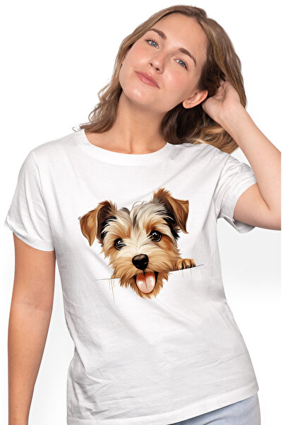 StoryGift Romania Tricou Femei Cu Un Catel Maro Care Se Uita Peste Gard, Ilustratie, Surprins, Lat Wht_l