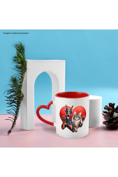 StoryGift Romania Mug with a cat and a dog | illustration | handmade | heart-shaped frame, With ,STG.