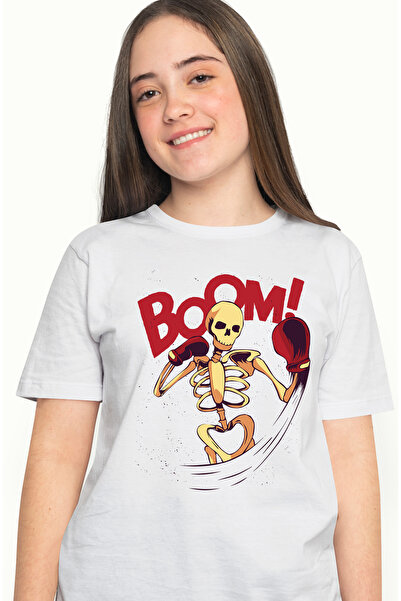 StoryGift Romania Tricou Femei Cu Schelete Uman Jucand Box, Text Boom!, Manusi Rosii Mari De Boxin Wht_l