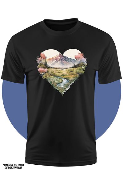 StoryGift Romania Tricou Copii Cu Un Peisaj In Forma De Inima, Munti, Rau, Vegetatie, Copaci, Verdeata, Plan