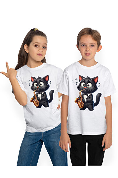 StoryGift Romania Tricou Copii Cu O Pisica Neagra Care Canta La Saxofon, Ilus...