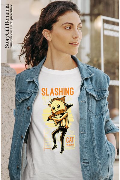 StoryGift Romania Women's T-Shirt With Orange Cat Costumed With Mask And Baseball Bat, Text I WHT_M,STG44566
