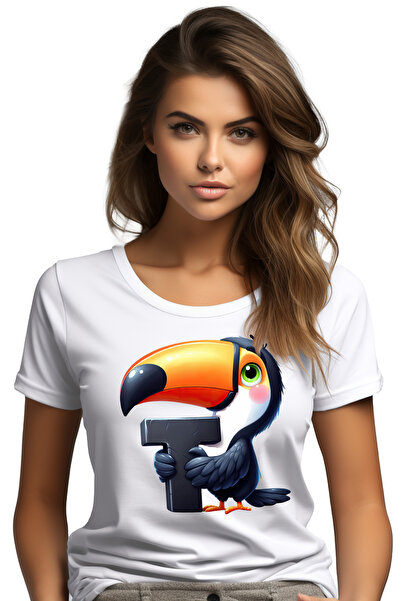 StoryGift Romania Tricou Femei Cu Pasarea Tucan Cu Litera "t", Ilustratie, Pe...