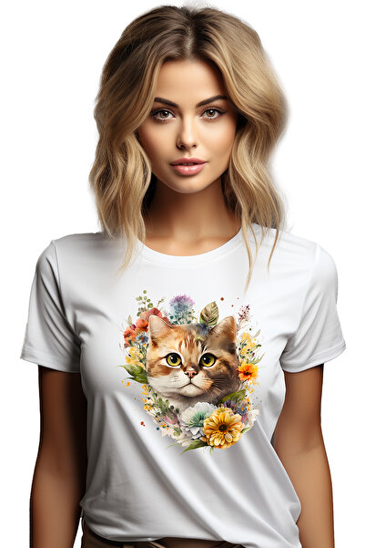 StoryGift Romania Women's T-shirt with a serious cat, illustration, flowers o...