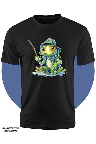StoryGift Romania Children's T-shirt with a green frog, illustration, cheerful, holding a stick, fishing rod, water, puddle, shovel