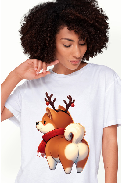 StoryGift Romania Tricou Femei Cu Un Catel Akita Inu Care Are Coarne De Ren, Ilustratie, Animal De Wht_s