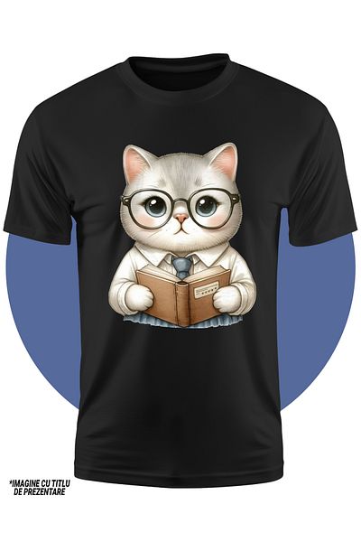 StoryGift Romania Tricou Copii Cu Un Pisoi Care Tine O Carte, Ilustratie, Ochelari, Tocilar, Lectura, Invata