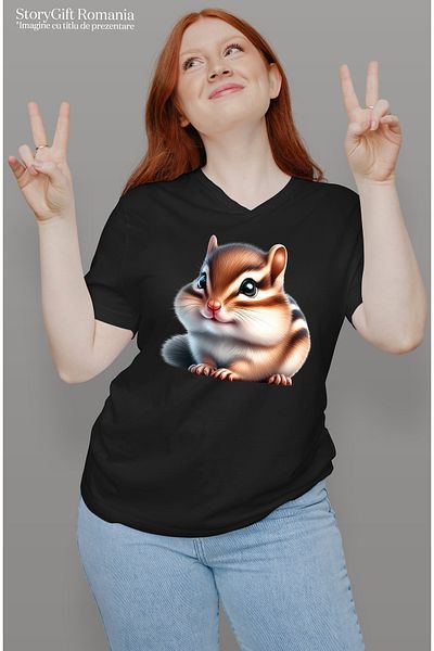 StoryGift Romania Tricou Femei cu un pui de veverita jucaus, ilustratie, curios, surprins, copilar BLK_L