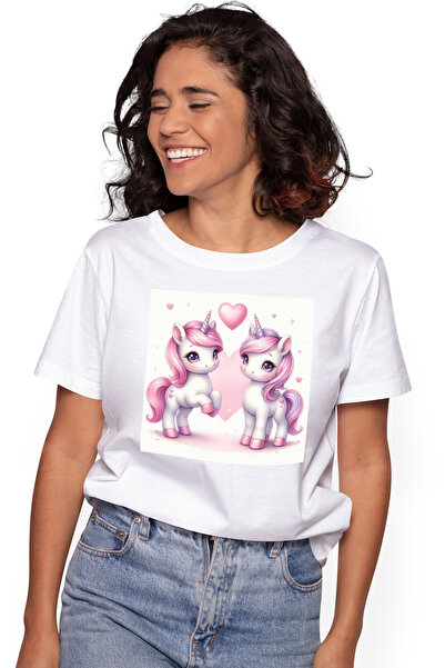 StoryGift Romania Tricou Femei Cu 2 Unicorni, Ilustratie, Inimioare, Bucurie,...