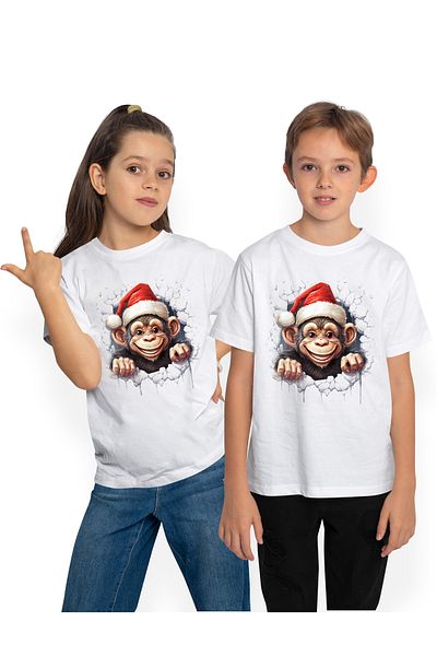 StoryGift Romania Tricou Copii Cu Un Cimpanzeu Cu Caciula De Craciun, Ilustratie, Scoate Capul Printr-o Gaur