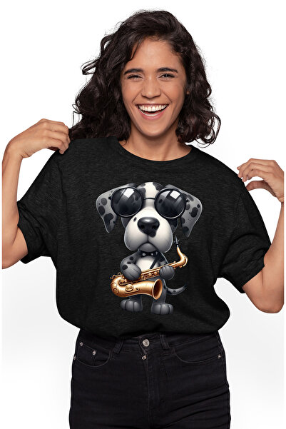 StoryGift Romania Tricou Femei Cu Un Caine Cu Ochelari Care Canta La Saxofon, Ilustratie, Serios, Blk_m