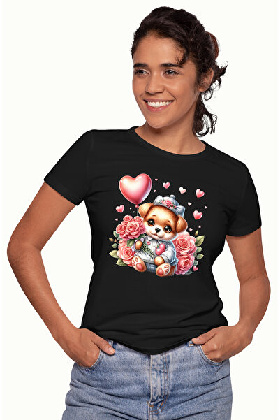 StoryGift Romania Tricou Femei Cu Un Catelus Care Tine Un Buchet Cu Trandafir...