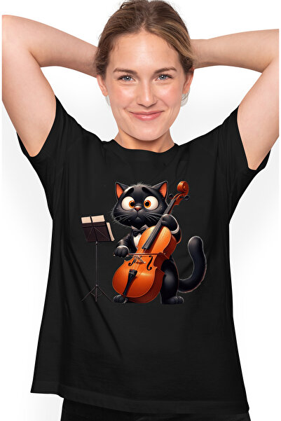 StoryGift Romania Tricou Femei Cu O Pisica Neagra Care Canta La Violoncel, Mu...