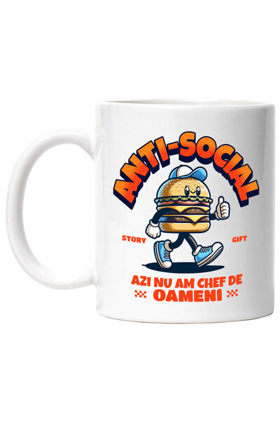 StoryGift Romania Cana Cu Hamburger Cu Sapca Si Adidasi Albastri Text Anti-social Azi Nu Ma Chef D, Cu Maner Alb Stg
