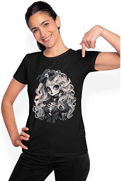 StoryGift Romania Tricou Femei Cu O Fata Costumata Intr-un Schelet, Ilustratie, Halloween, Alb & N Blk_m