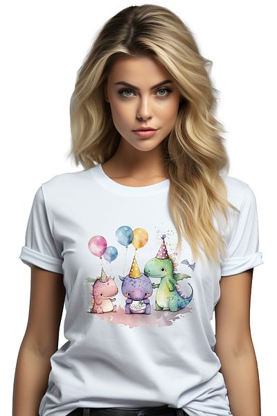 StoryGift Romania Tricou Femei Cu Dinozauri Micuti Care Sunt La O Petrecere, Aniversare, Zi De Nas Wht_l