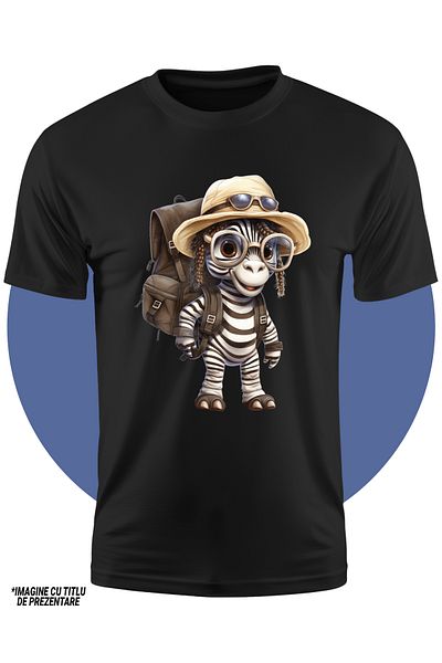 StoryGift Romania Kids T-shirt with an exploring zebra, illustration, expedition, equipped, hat, backpack, STG3