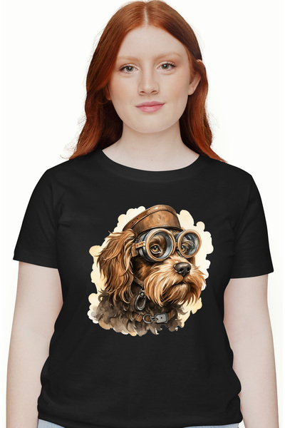 StoryGift Romania Tricou Femei Cu Un Catel Blanos Cu Ochelari De Pilot, Ilustratie, Zgarda, Serios Blk_l