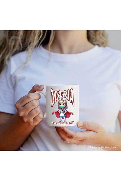 StoryGift Romania Cana Cu Asistenta Medicala Cu Pelerina Rosie Super Erou Masca Medicala Text Mari, Cu Maner Alb Stg