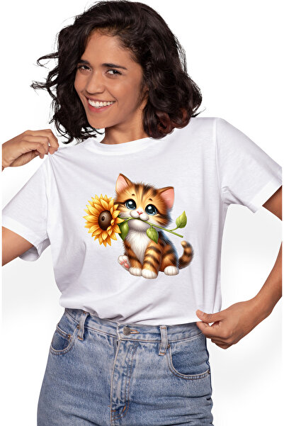 StoryGift Romania Tricou Femei Cu Un Pui De Tigru Care Tine O Floare, Ilustra...