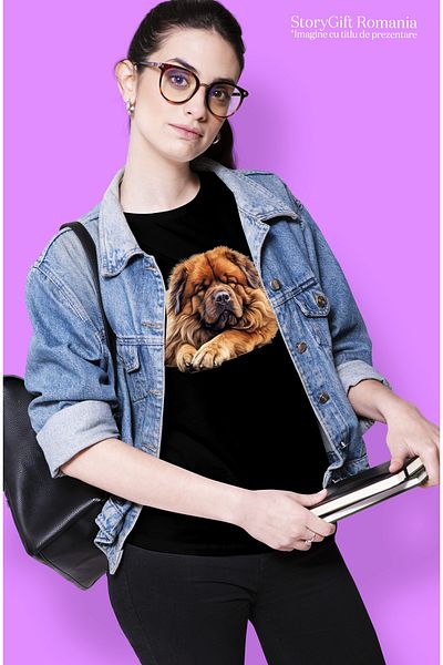 StoryGift Romania Tricou Femei cu un caine Chow Chow blanos, ilustratie, doarme dus, oboseala, noa BLK_L
