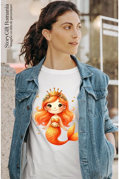 StoryGift Romania Women's T-shirt with a mermaid with an orange tail, illustration, orange hair, yellow WHT_L,STG58838