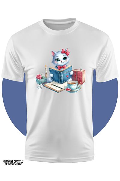 StoryGift Romania Tricou Copii Cu O Pisicuta Care Tine O Carte Deschisa, Ilustratie, Valentine's Day, Lectur
