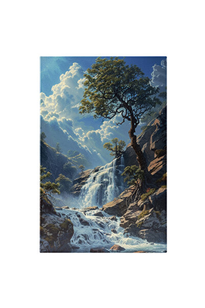 StoryGift Romania Tablou Canvas: Peisaj Cascadă Naturală, Copaci Verzi Și Cer Cu Nori Pufoși- Fotografie Artisti