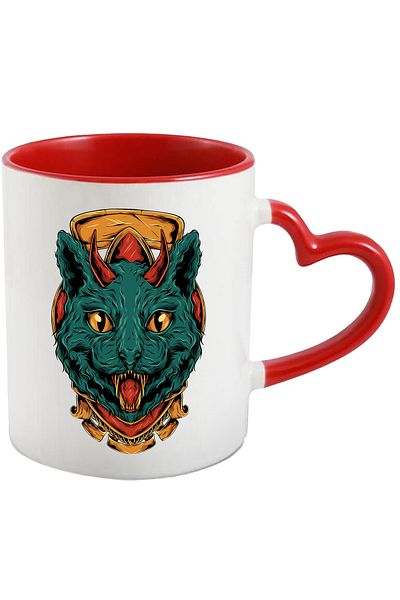 StoryGift Romania Cana Cu Pisica, Coarne, Demon, Emblema, Multicolor 330 Ml, Ceramica Cu Maner Ini, Cu Maner Inim Stg