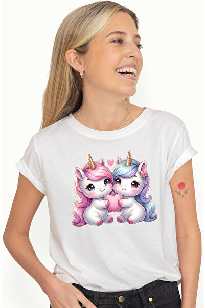 StoryGift Romania Tricou Femei Cu 2 Unicorni Care Tin O Inima, Ilustratie Apr...