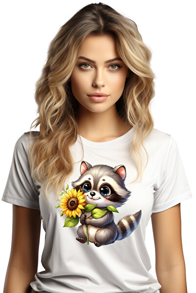 StoryGift Romania Tricou Femei Cu Un Pui De Raton Care Tine O Floare, Ilustra...