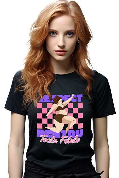 StoryGift Romania Tricou Femei Respect Pentru Toate Fetele, Cu Imprimeu Pe Fata, 100% Bumbac, Neg Blk_l