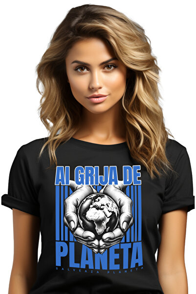 StoryGift Romania Tricou Femei Ai Grija De Planeta - Salveaza Planeta, Cu Imprimeu Pe Fata, 100% Blk_m