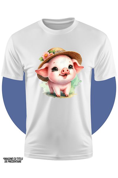 StoryGift Romania Tricou Copii Cu Un Purcelus Vesel, Poarta O Palarie, Ilustratie, Flori, Pete De Culoare, A