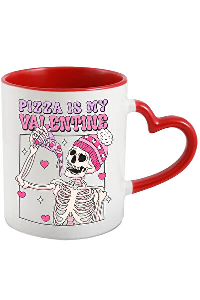 StoryGift Romania Cana cu un schelet care tine o felie de pizza cu mesajul "Pizza is my Valentine", Cu Maner Inim