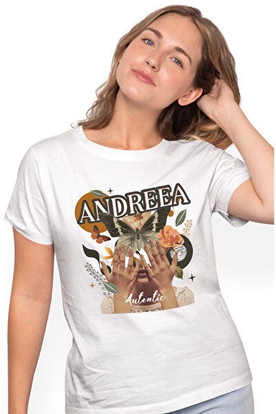 StoryGift Romania Tricou Femei Cu Numele Andreea, Colaj Fata, Fluture, Flori, Cerc, Cu Imprimeu P Wht_l