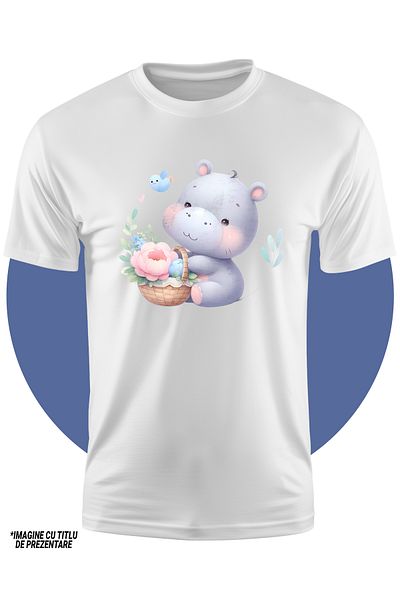 StoryGift Romania Tricou Copii Cu Un Pui De Hipopotam Care Are Un Cos Cu Floricele, Ilustratie, Plante, Natu