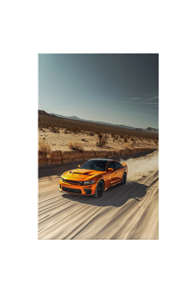 StoryGift Romania Tablou Canvas Masina Sport Portocalie Marca Dodge Charger Cu Interiorul Negru Merge Pe Un Drum