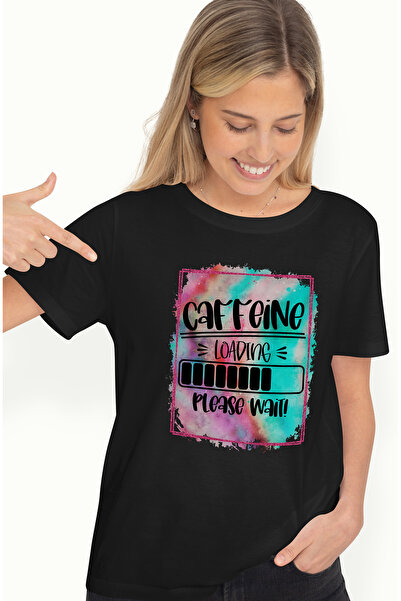 StoryGift Romania Tricou Femei Cu Mesajul "caffeine Loading, Please Wait", Ilustratie, Lichid, Flu Blk_m