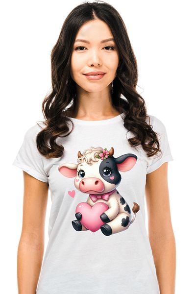 StoryGift Romania Tricou Femei Cu O Vacuta Care Tine O Inima In Brate, Iubire, Dragoste, Valentine Wht_m