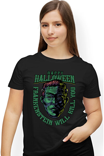 StoryGift Romania Tricou Femei Cu Mesaj In Engleza Happy Halloween, Frankenst...