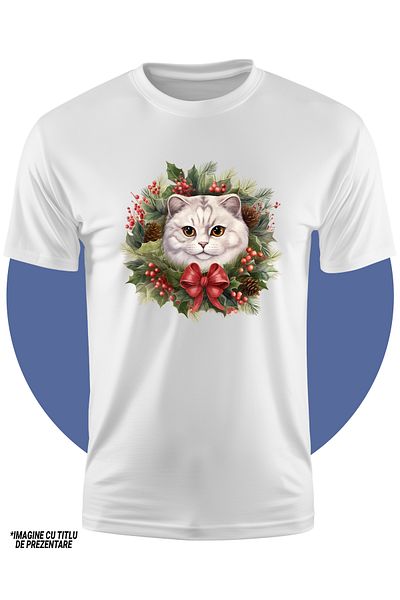 StoryGift Romania Tricou Copii Cu O Pisica Alba Cu Ochi Galbeni, Ilustratie, Vasc, Coroana, Conuri De Brad,
