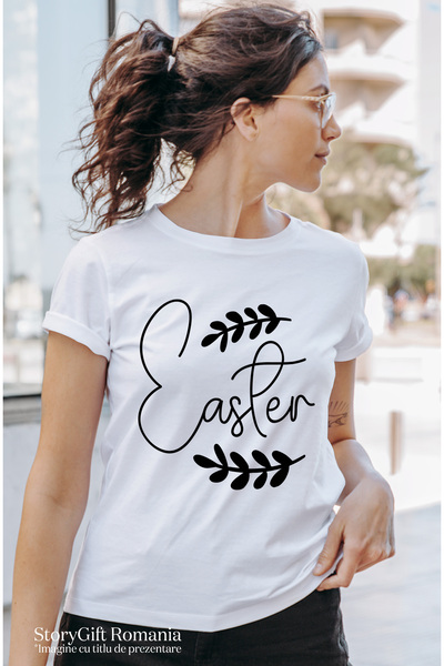 StoryGift Romania Tricou Femei cu 2 ramurele si cuvantul "Easter" - Paste sarbatoare cu imprimeu WHT_L