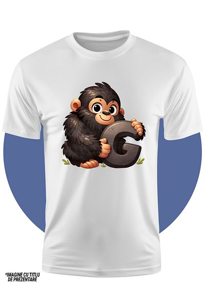 StoryGift Romania Tricou Copii Cu O Gorila Care Tine Litera "g", Pentru Copii, Ilustratie, Vesela, Abecedar,